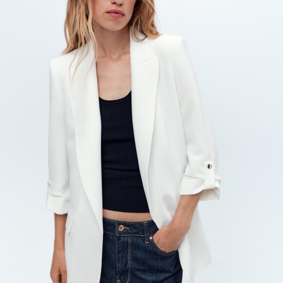 NWT: ZARA WHITE BLAZER WITH TURN-UP CUFFS - Picture 2 of 11